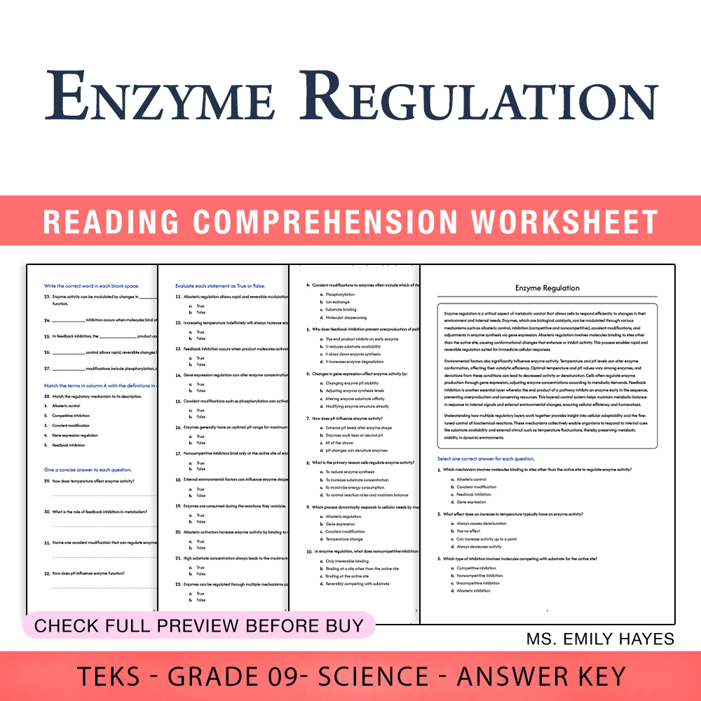 Grade 9 Science worksheet worksheet — Grade 9 Science | Enzyme Regulation Worksheet (PDF+ Answer Key) — page 1