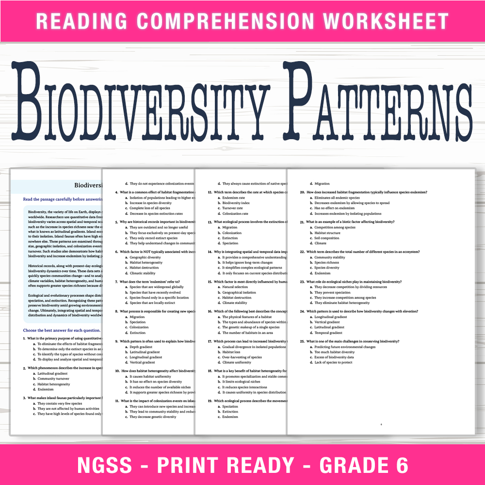 Grade 6 Science worksheet worksheet — 6th Grade Science | Biodiversity Patterns Worksheet (PDF + Answer Key) — page 1