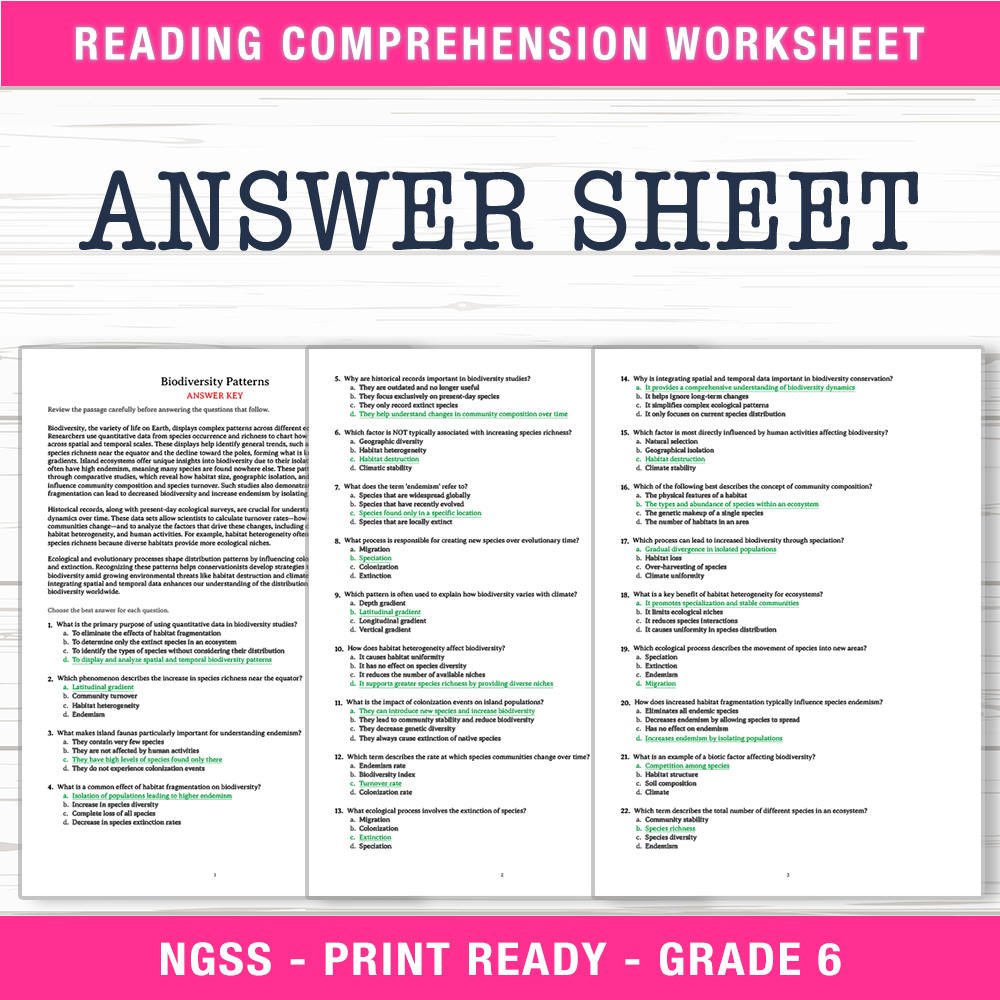 Grade 6 Science worksheet worksheet — 6th Grade Science | Biodiversity Patterns Worksheet (PDF + Answer Key) — page 2