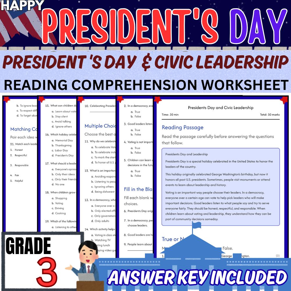 Grade 3 Seasonal Presidents Day Worksheet Bundle | Social Studies & Leadership — included worksheet 1