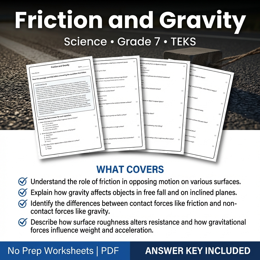 Grade 7 Science Worksheet on Friction and Gravity | TEKS Aligned