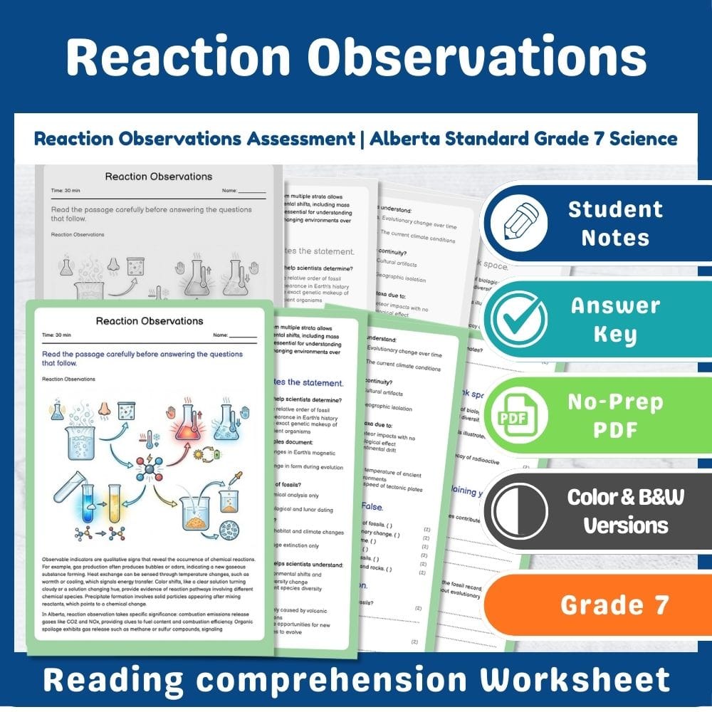 Grade 7 Science assessment worksheet — Reaction Observations Assessment | Alberta Standard Grade 7 Science — page 1