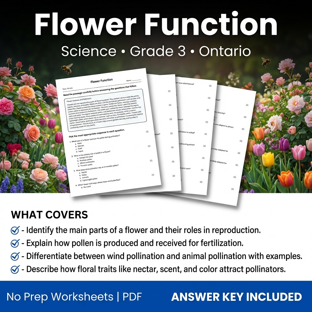 Grade 3 Science Worksheet on Flower Function | Ontario Standards