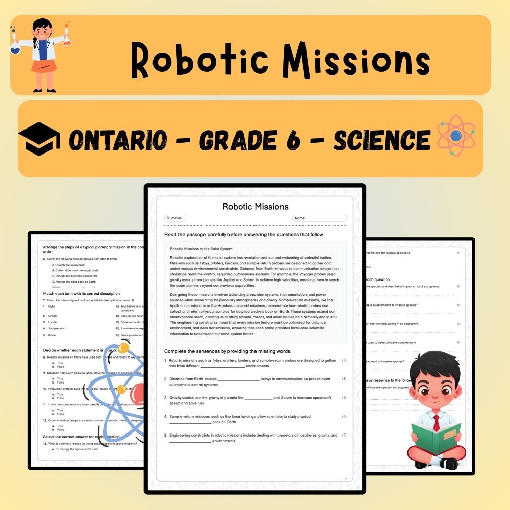 Grade 6 Science worksheet worksheet — Grade 6 Science | Robotic Missions Worksheet (PDF ) | Ontario Standards — page 1