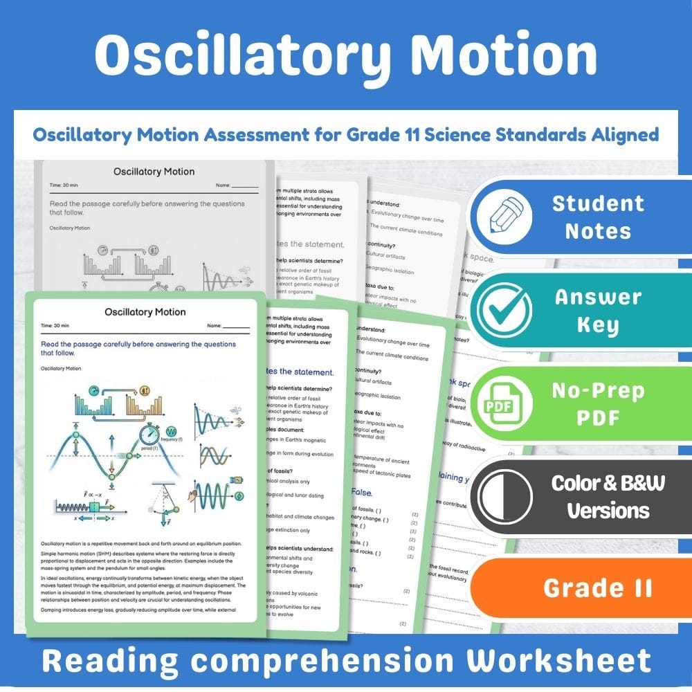 Grade 11 Science assessment worksheet — Oscillatory Motion Assessment for Grade 11 Science Standards Aligned — page 1