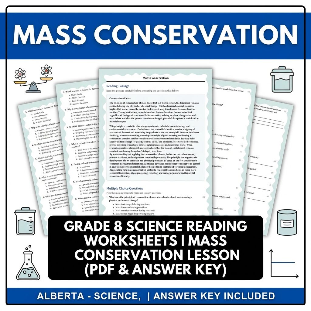 Grade 8 Science reading worksheets — Grade 8 Science Reading Worksheets | Mass Conservation Lesson (PDF & Answer Key)