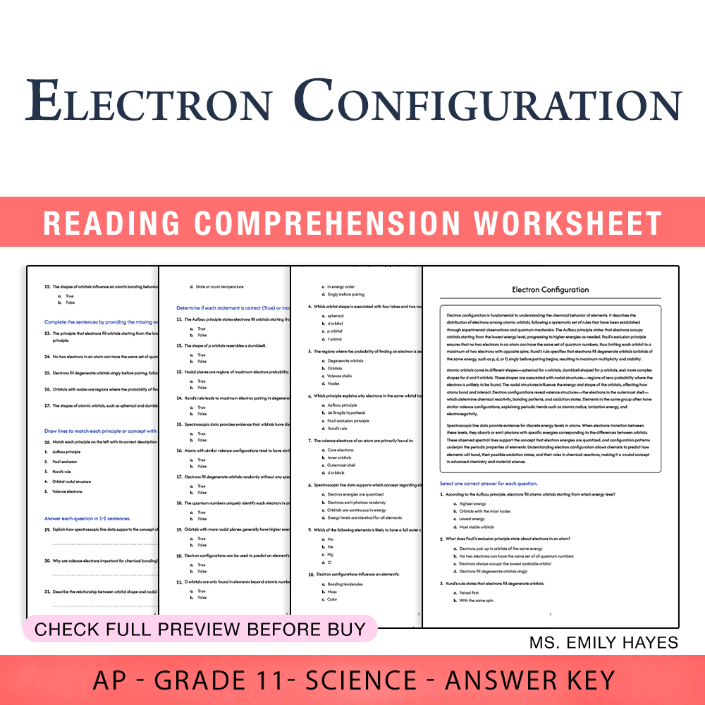 Grade 11 Science worksheet worksheet — 11th Grade Science | Electron Configuration Worksheet (PDF+ Answer Key) — page 1
