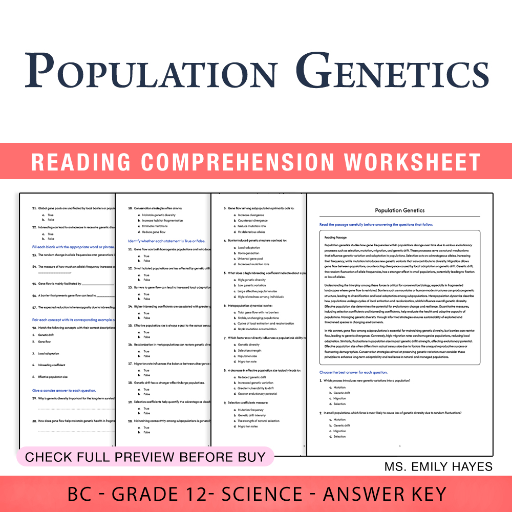 Grade 12 Science worksheet worksheet — 12th Grade Science | Population Genetics Worksheet (PDF + Answer Key) — page 1