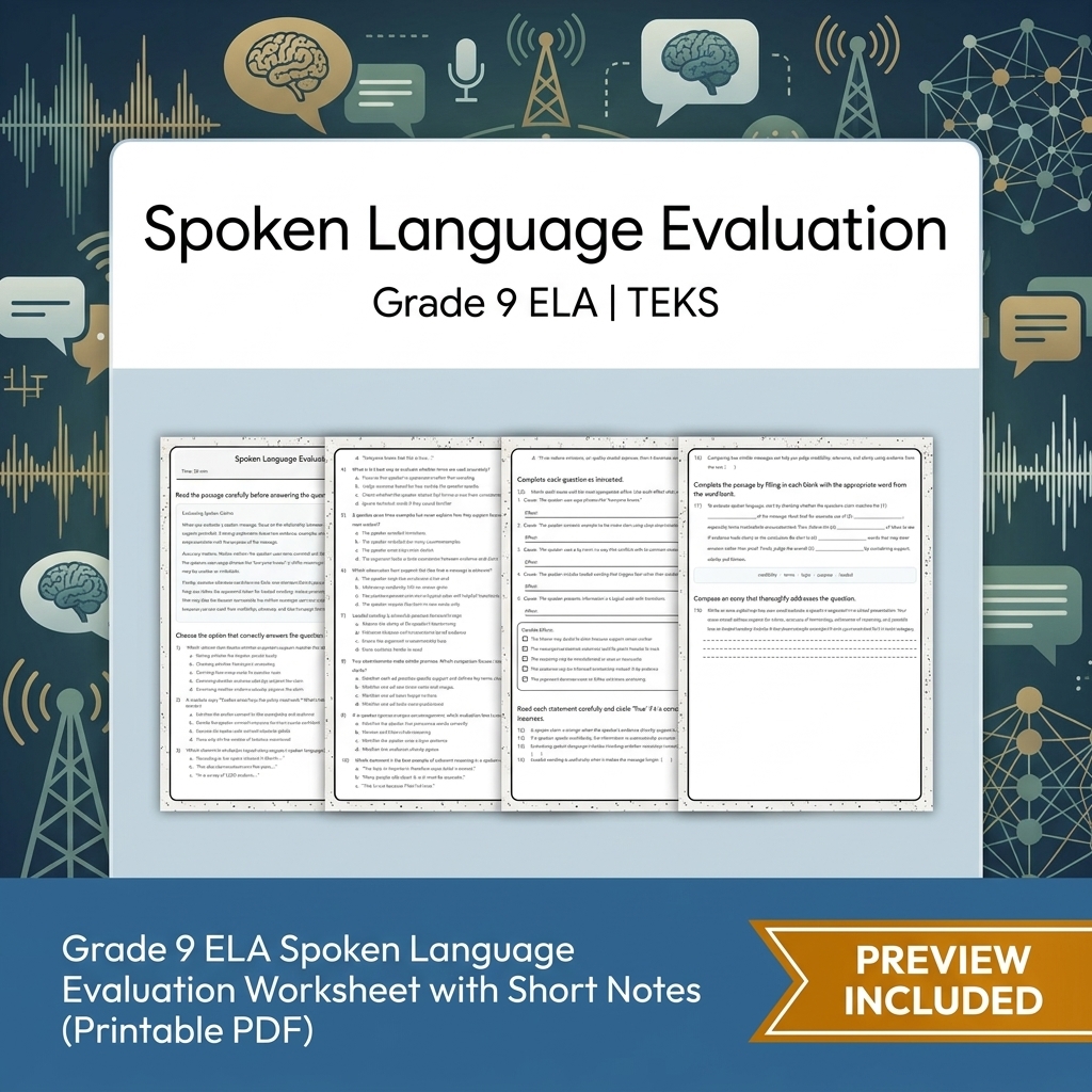 Grade 9 Spoken Language Evaluation & Discussion ELA Lesson Bundle TEKS — included worksheet 1