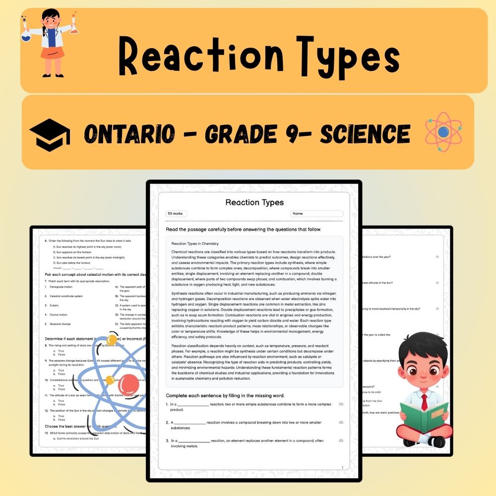 Grade 9 Science worksheet worksheet — Grade 9 Science | Reaction Types Worksheet – Standard Ontario (PDF) — page 1