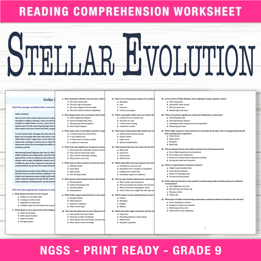 Grade 9 Science worksheet worksheet — Grade 9 Science – Stellar Evolution Worksheet (PDF + Answer Key) — page 1