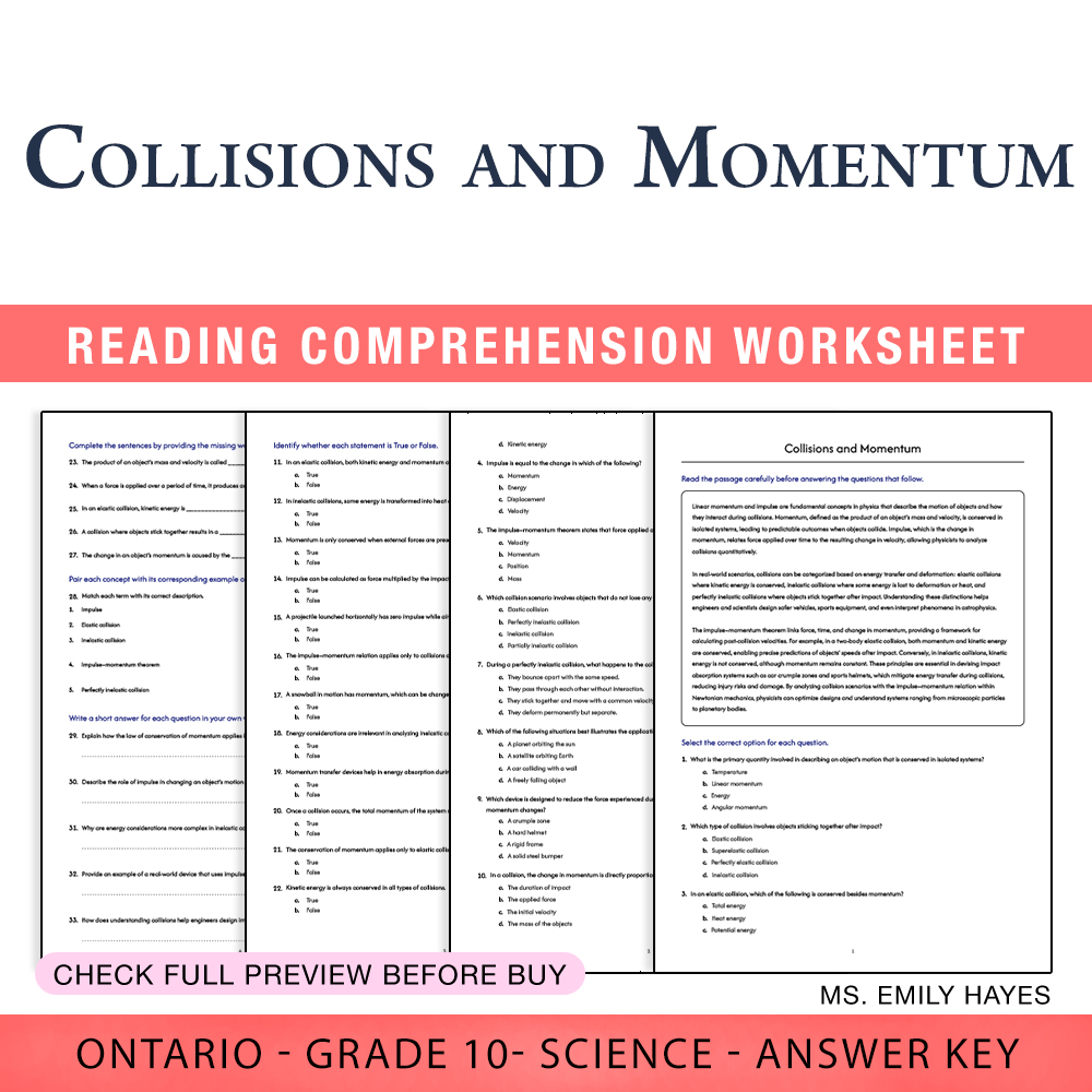 Grade 10 Science worksheet worksheet — Grade 10 Science | Collisions and Momentum Worksheet (PDF + Answer Key) — page 1