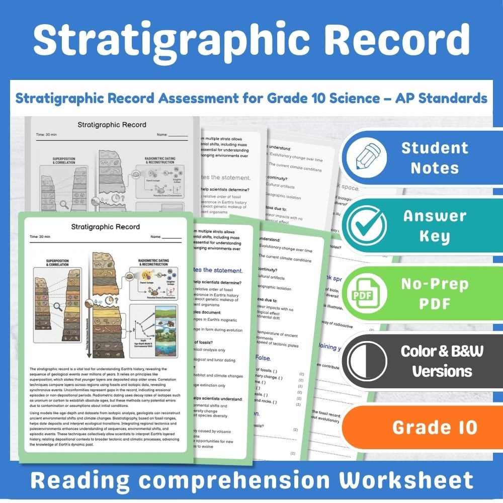 Grade 10 Science assessment worksheet — Stratigraphic Record Assessment for Grade 10 Science – AP Standards — page 1