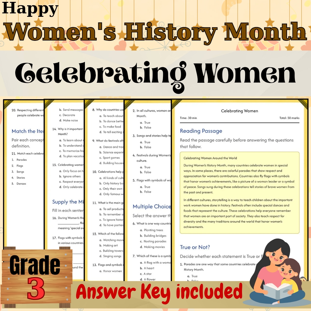 Grade 3 Seasonal | Celebrating Women Worksheet for Mastery | PDF + Answer Key