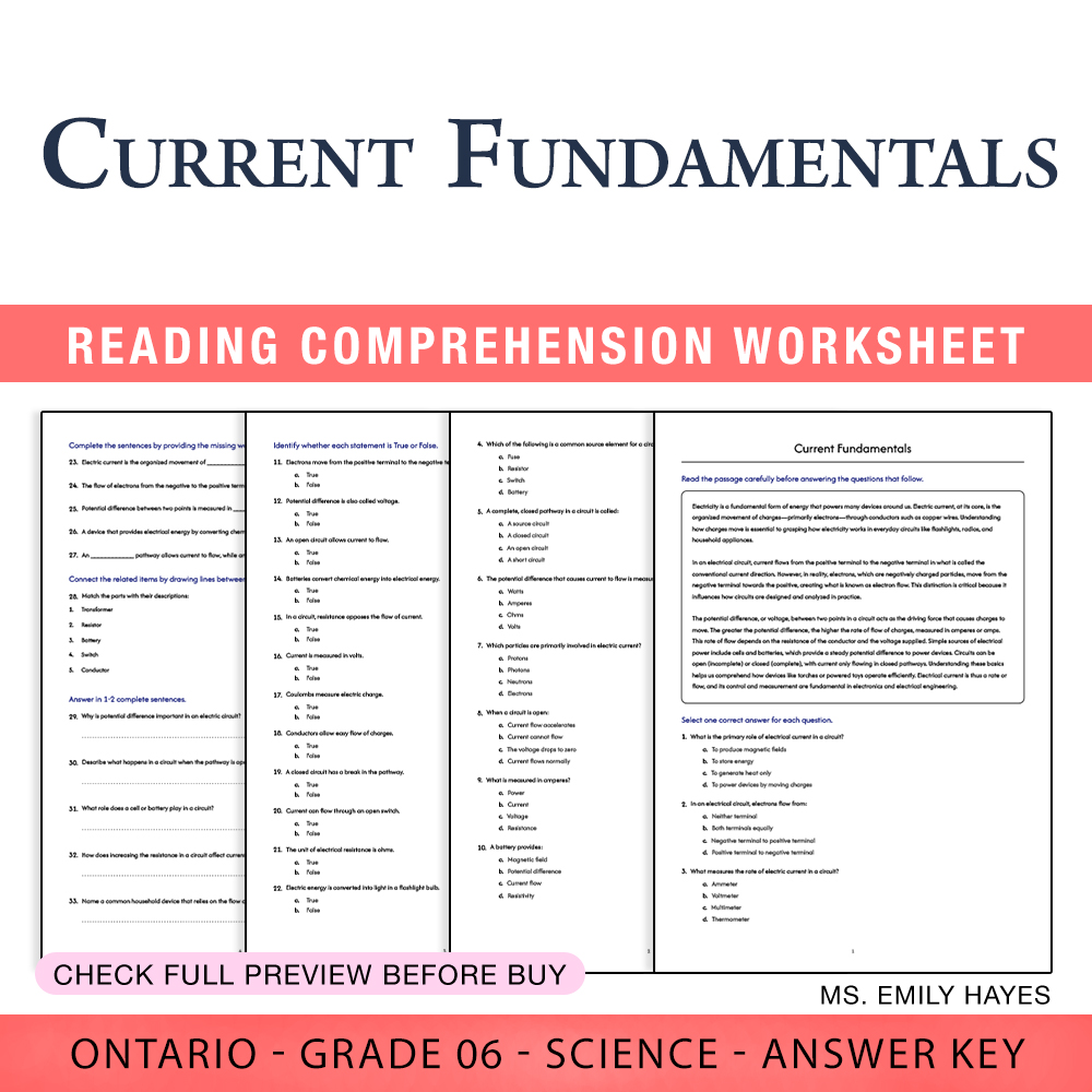 Grade 6 Science worksheet worksheet — 6th Grade Science | Current Fundamentals Worksheet (PDF + Answer Key) — page 1