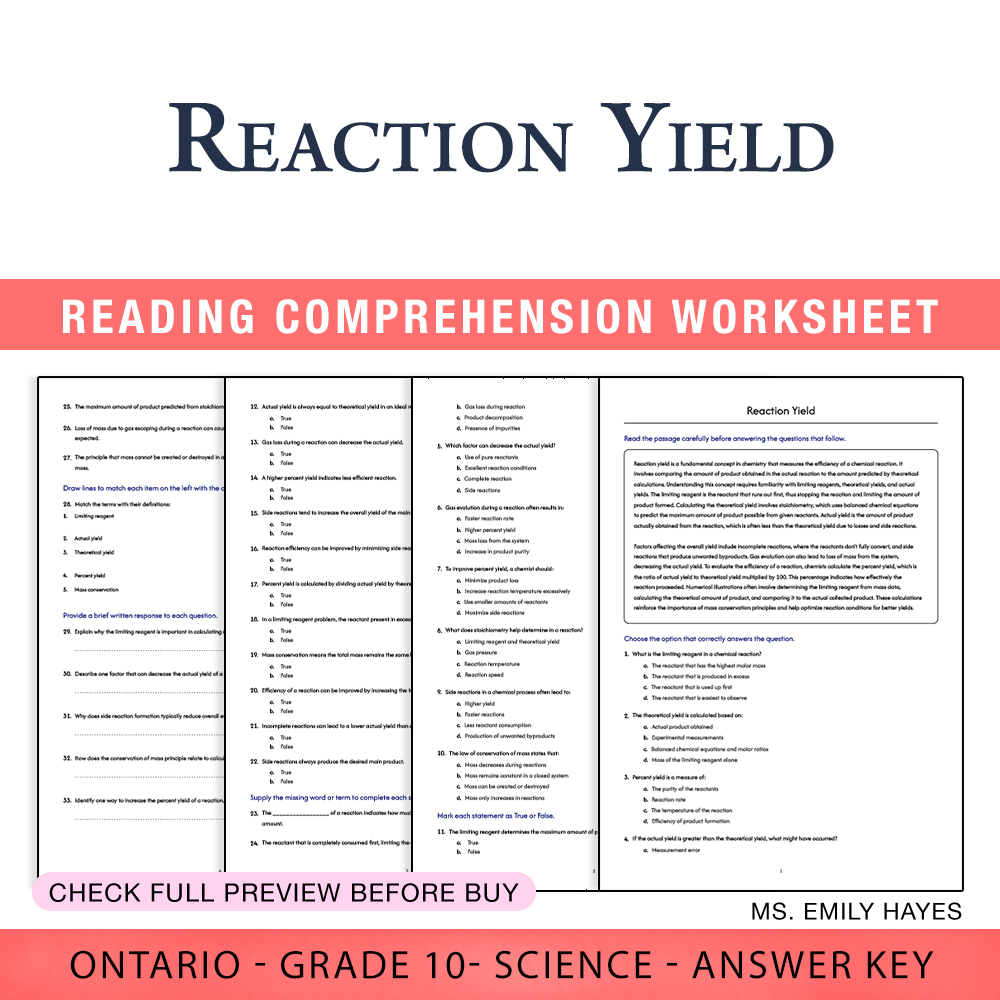 Grade 10 Science worksheet worksheet — 10th Grade Science | Reaction Yield Worksheet (PDF + Answer Key) — page 1