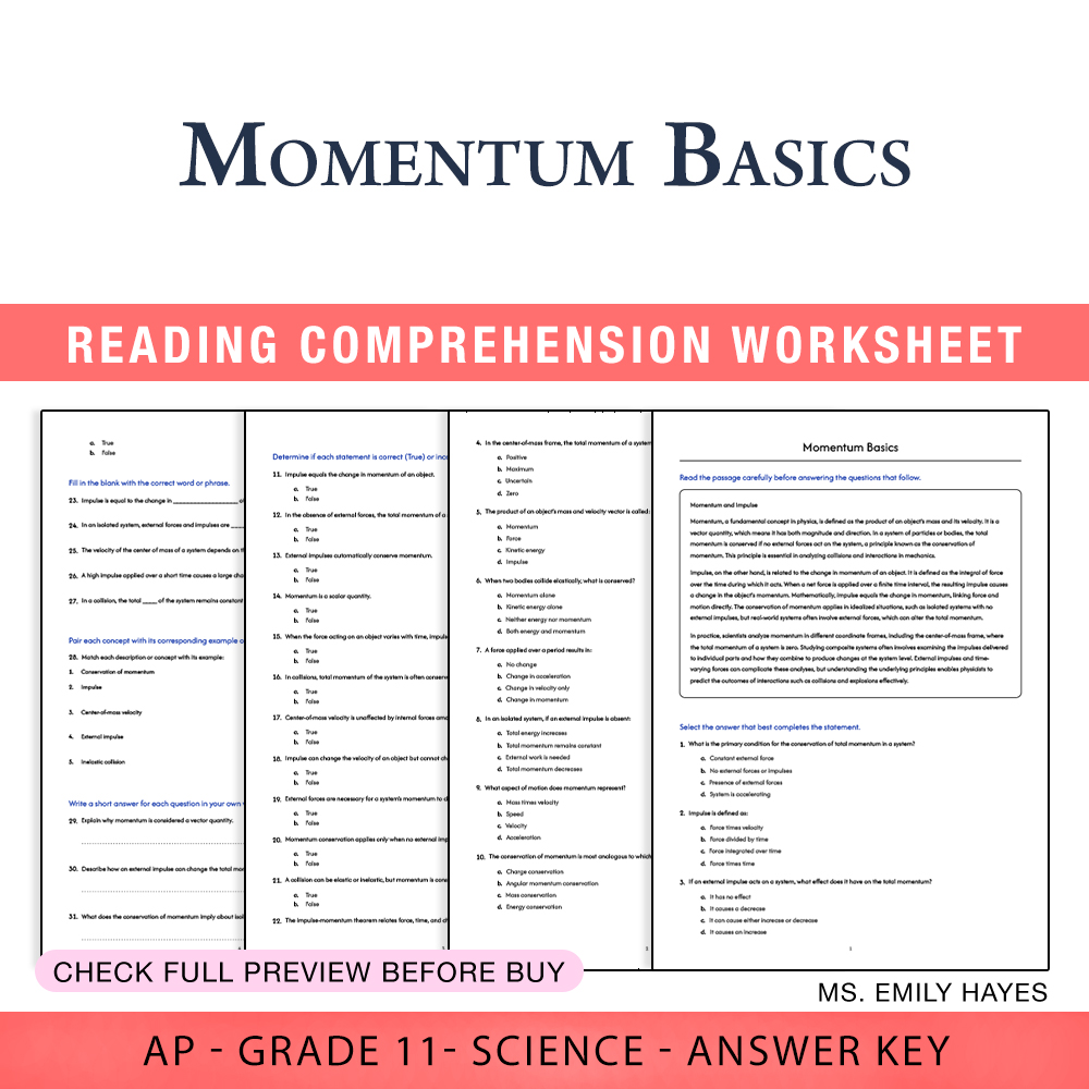 Grade 11 Science worksheet worksheet — 11th Grade Science | Momentum Basics Worksheet (PDF+ Answer Key) — page 1