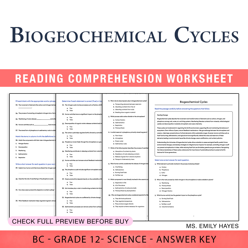 Grade 12 Science worksheet worksheet — Grade 12 Science | Biogeochemical Cycles Worksheet (PDF + Answer Key) — page 1