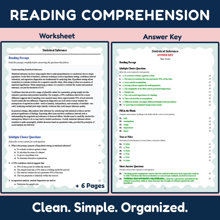 Grade 12 Science reading worksheets worksheet — Grade 12 Science | Statistical Inference Reading Worksheet & Answer Key (P…