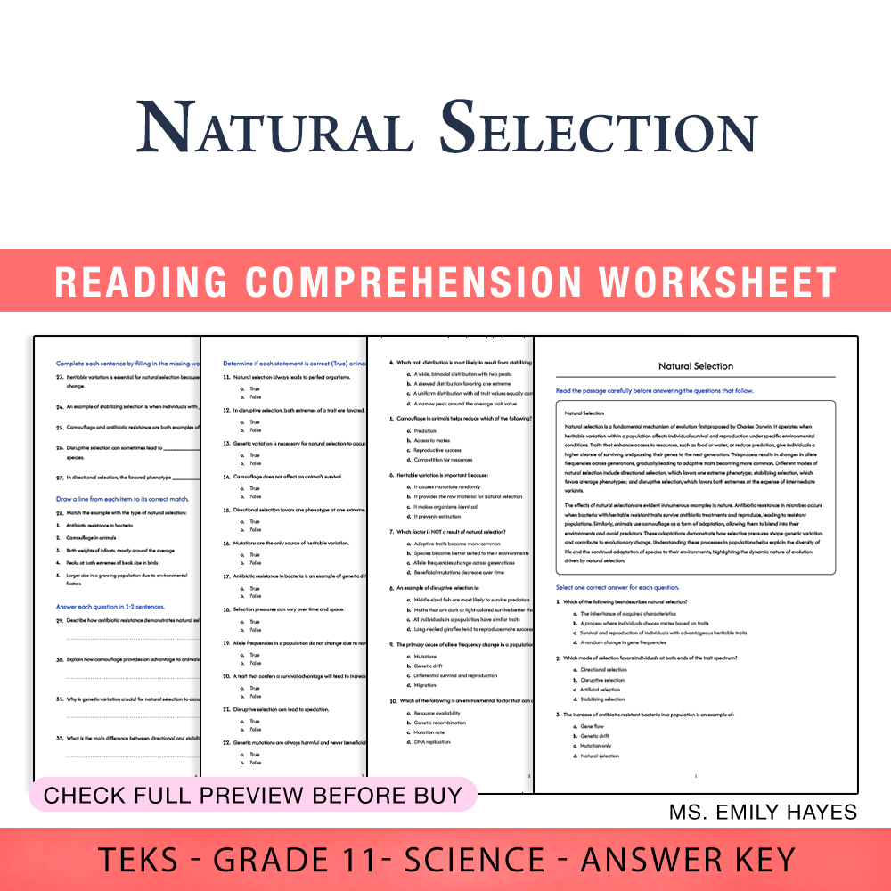Grade 11 Science worksheet worksheet — 11th Grade Science | Natural Selection Worksheet (PDF+ Answer Key) — page 1