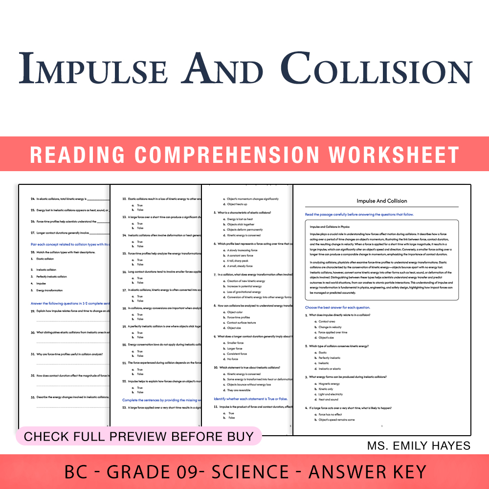 Grade 9 Science worksheet worksheet — Grade 9 Science | Impulse & Collision Worksheet (PDF+ Answer Key) — page 1