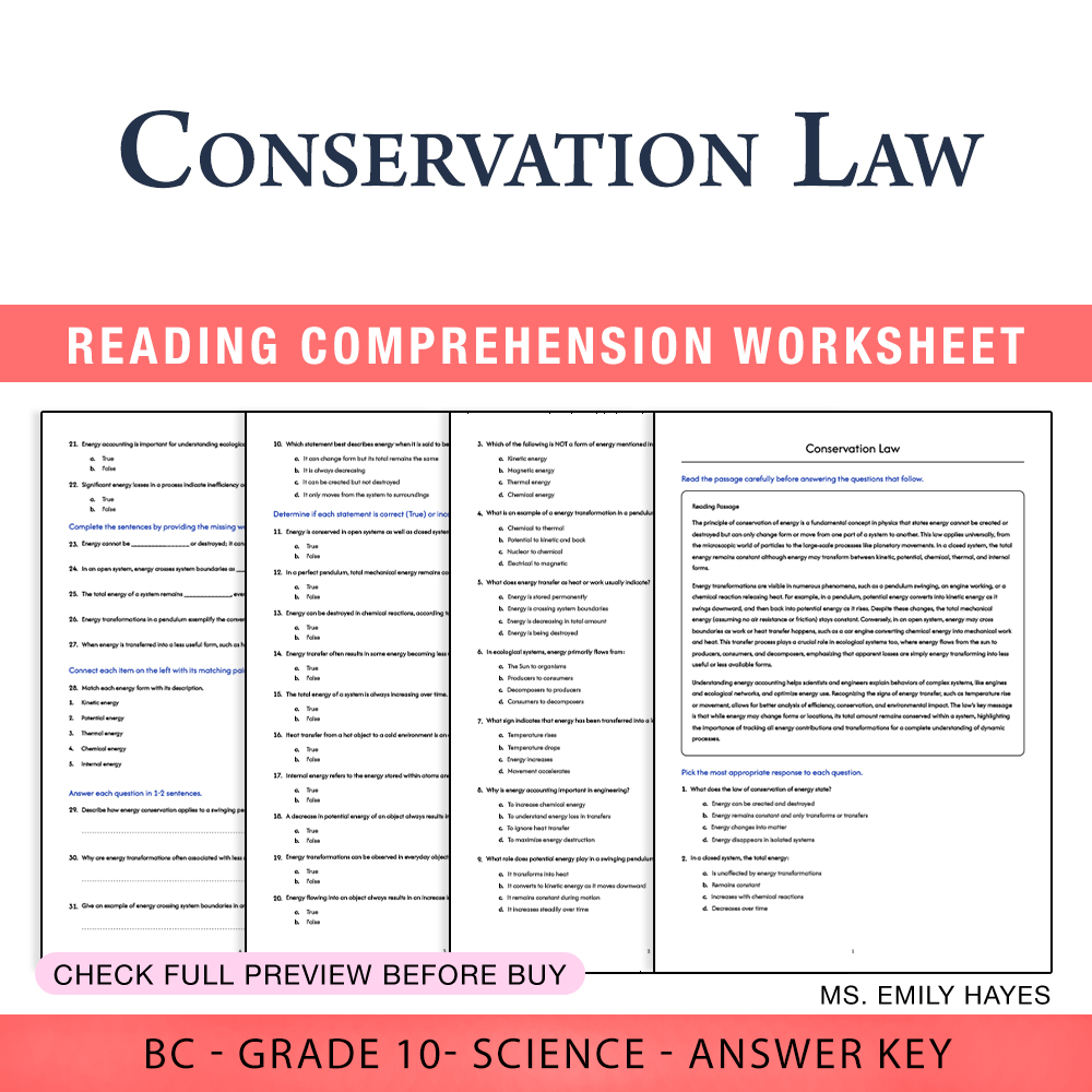 Grade 10 Science worksheet worksheet — Grade 10 Science | Conservation Law Worksheet (PDF + Answer Key) — page 1