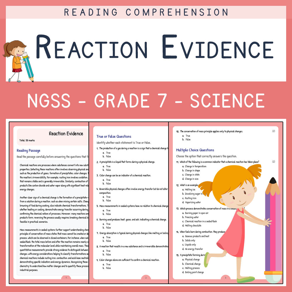 Grade 7 Science worksheet worksheet — Grade 7 Science | Reaction Evidence Worksheet & Answer Key (NGSS Aligned) — page 1