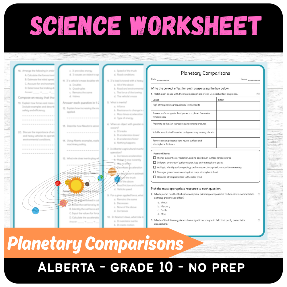 Grade 10 Science science 1 worksheet — Grade 10 Science | Planetary Comparisons (Worksheet + Answer Key) – Alberta Standards