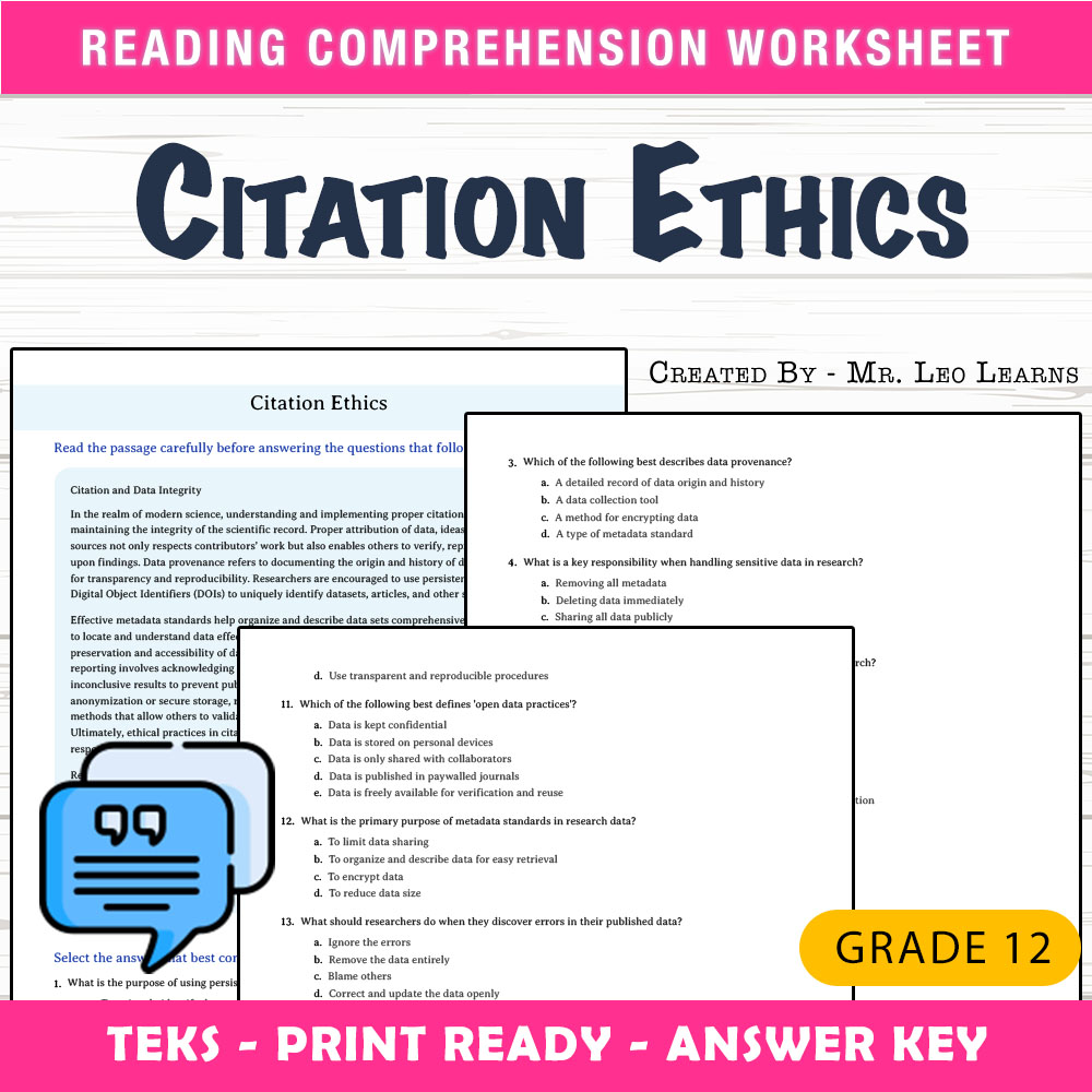 Grade 12 Science worksheet worksheet — Grade 12 Science — Citation Ethics Worksheet for Understanding Scientific Integrity…