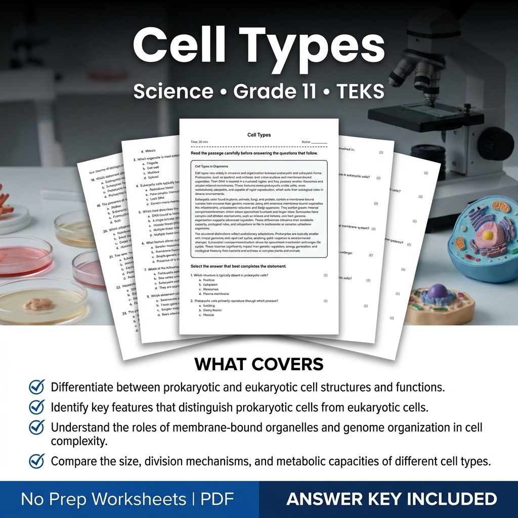 Cell Types Grade 11 Science Worksheet | TEKS Aligned | PDF