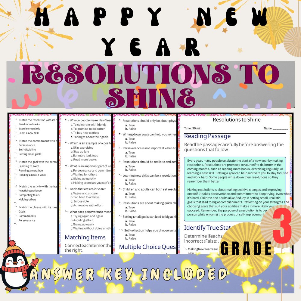 Grade 3 Seasonal|New Year Goals & Traditions Worksheets Bundle(PDF + Answer Key) — included worksheet 4