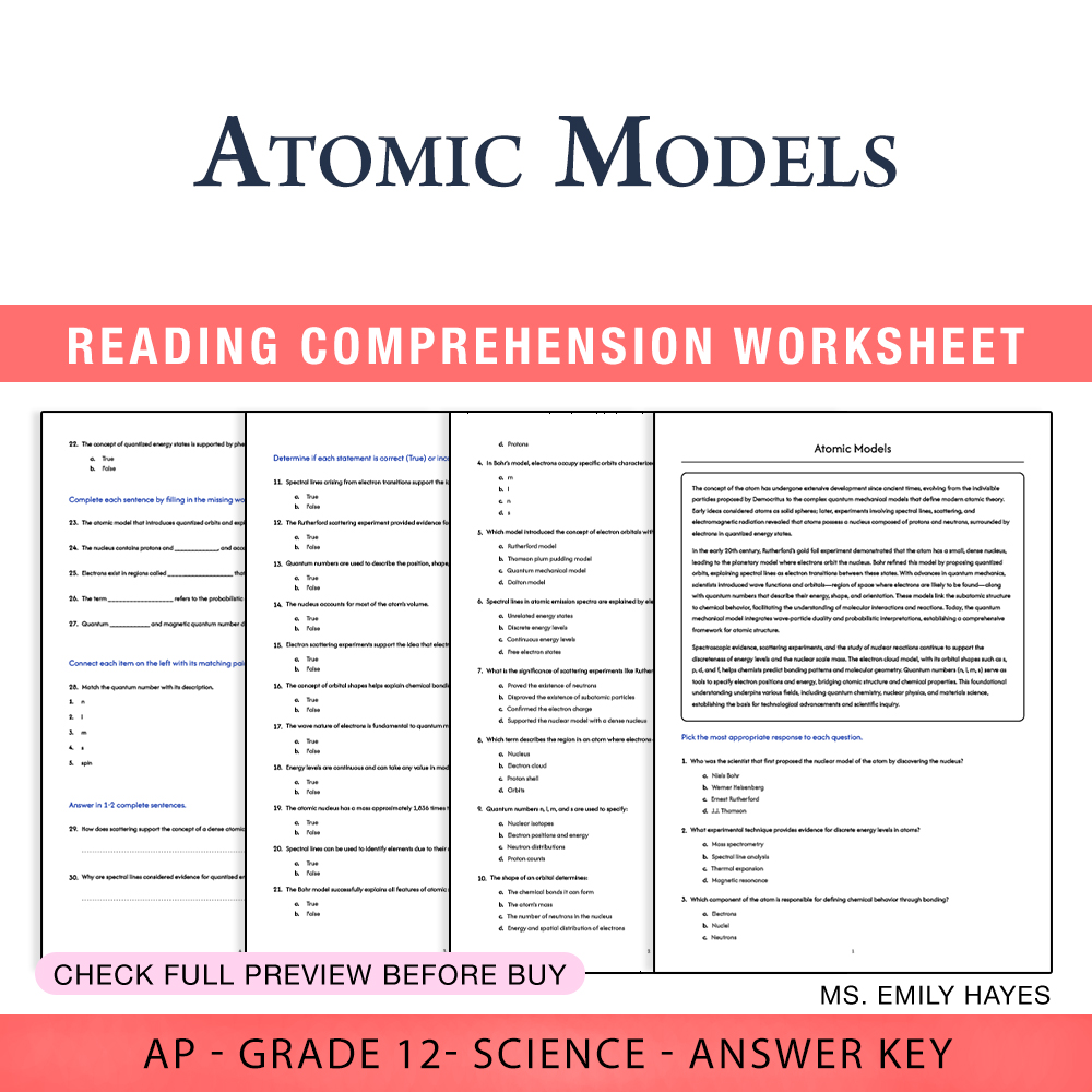 Grade 12 Science worksheet assessment worksheet — 12th Grade Science | Atomic Models Assessment Worksheet (PDF+ Answer Key…