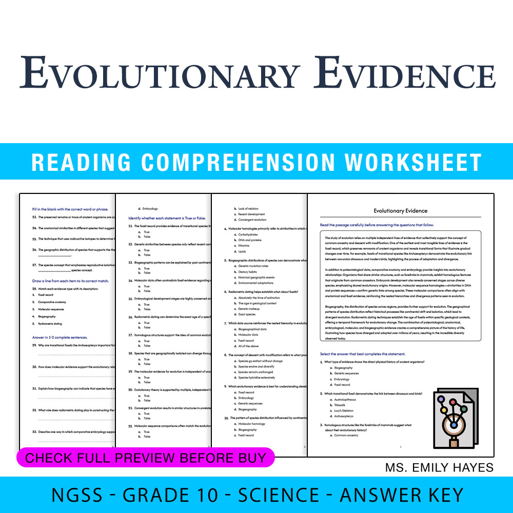 Grade 10 Science worksheet — 10th Grade Science | Evolutionary Evidence Worksheet (PDF + Answer Key) — page 1