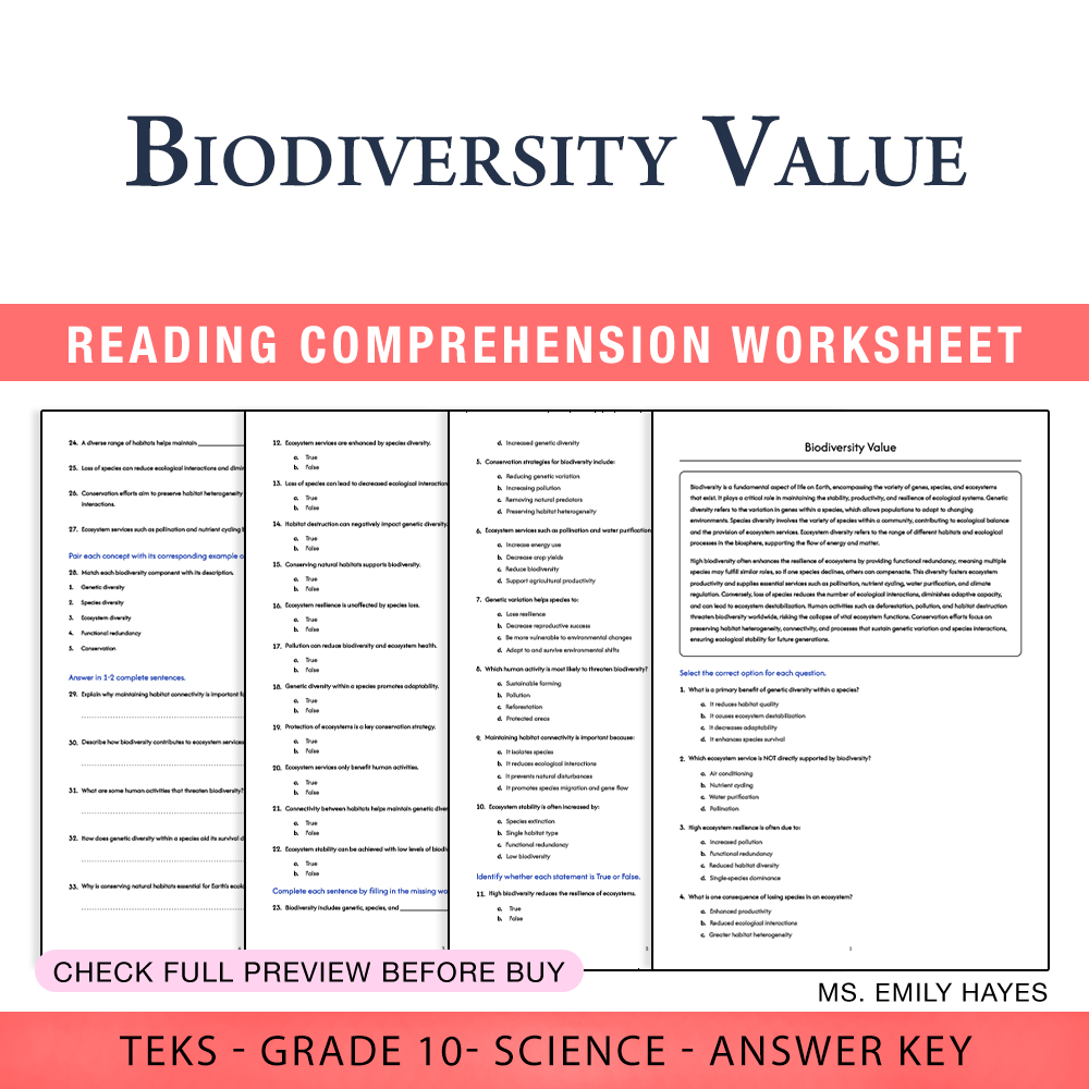 Grade 10 Science worksheet worksheet — 10th Grade Science | Biodiversity Value Worksheet (PDF+ Answer Key) — page 1