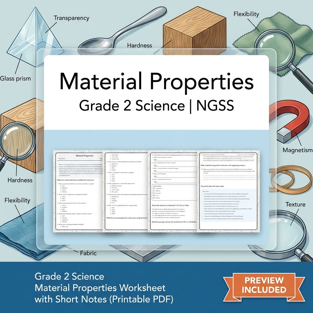 Grade 2 Science Material Properties Worksheet with Short Notes (Printable PDF)