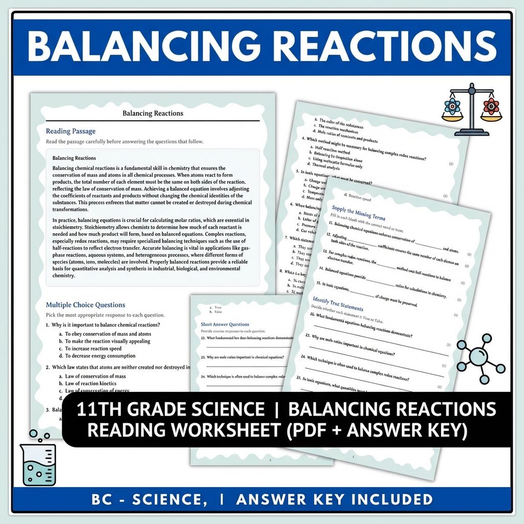 11th Grade Science | Balancing Reactions Reading Worksheet (PDF + Answer Key)