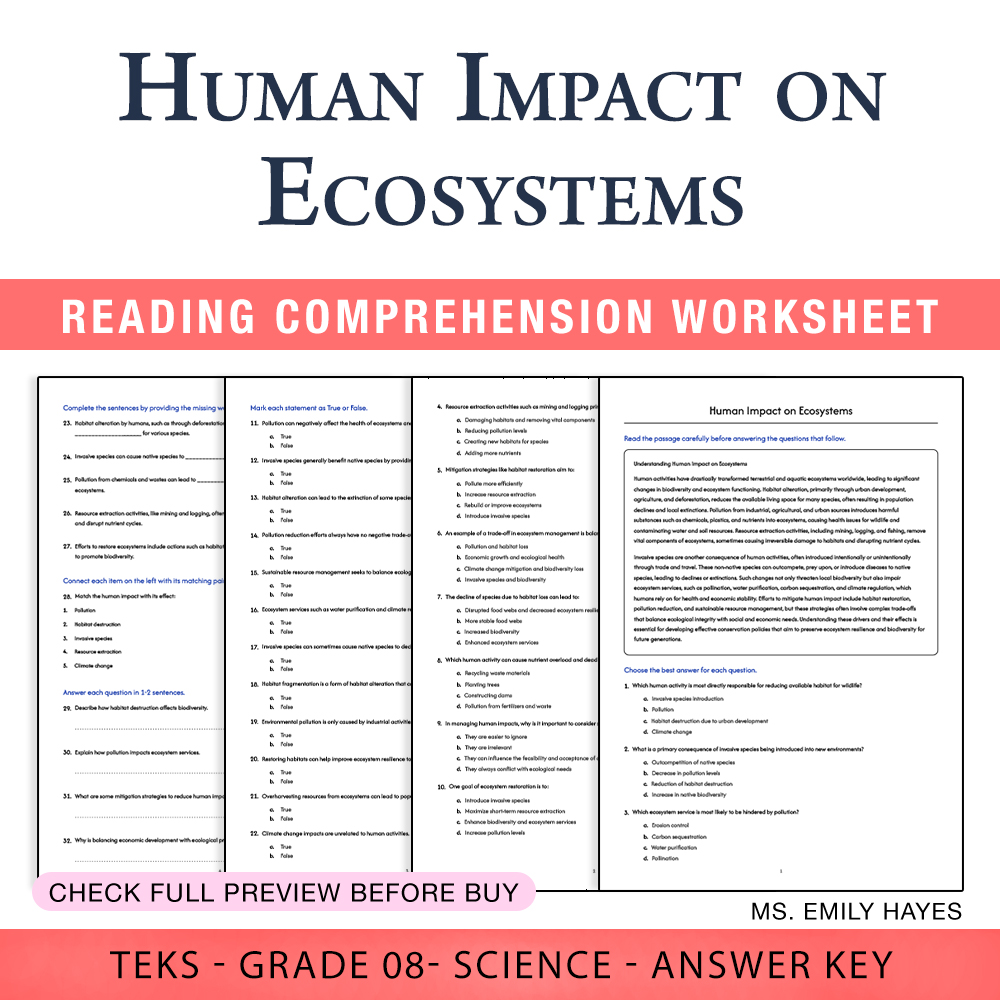 Grade 8 Science worksheet worksheet — Grade 8 Science | Human Impact on Ecosystems Worksheet (PDF+ Answer Key) — page 1