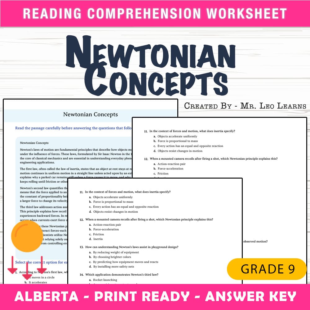Grade 9 Science worksheet mcq paper worksheet — Grade 9 Science — Newtonian Concepts Worksheet MCQ Paper — page 1