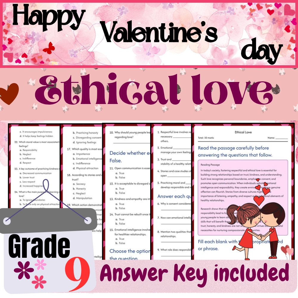 Grade 9Seasonal Valentine’s Day Worksheets|Cultural, Ethical, Modern Love Bundle — included worksheet 1
