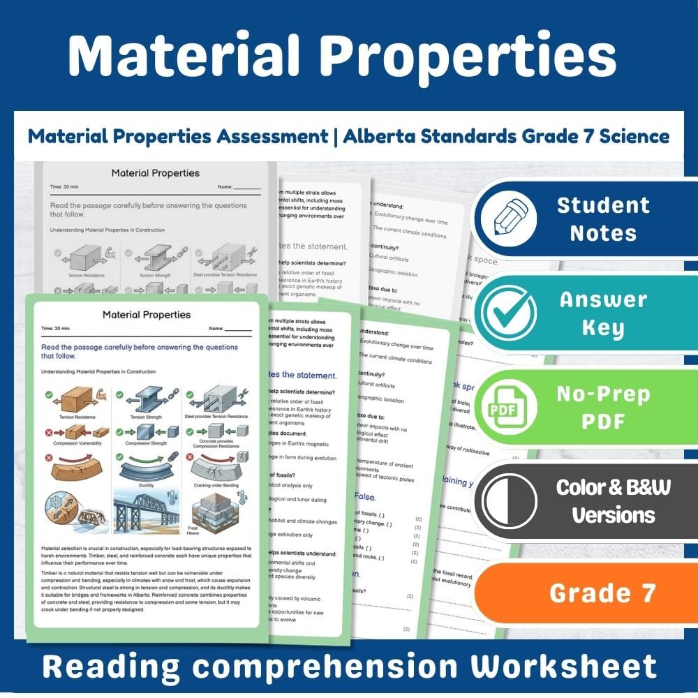 Grade 7 Science assessment worksheet — Material Properties Assessment | Alberta Standards Grade 7 Science — page 1