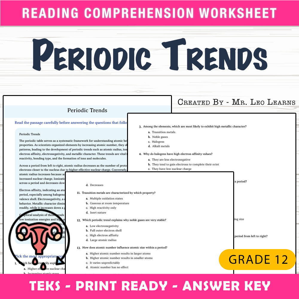 Grade 12 Science worksheet worksheet — 12th Grade Science – Periodic Trends Worksheet for Mastery — page 1