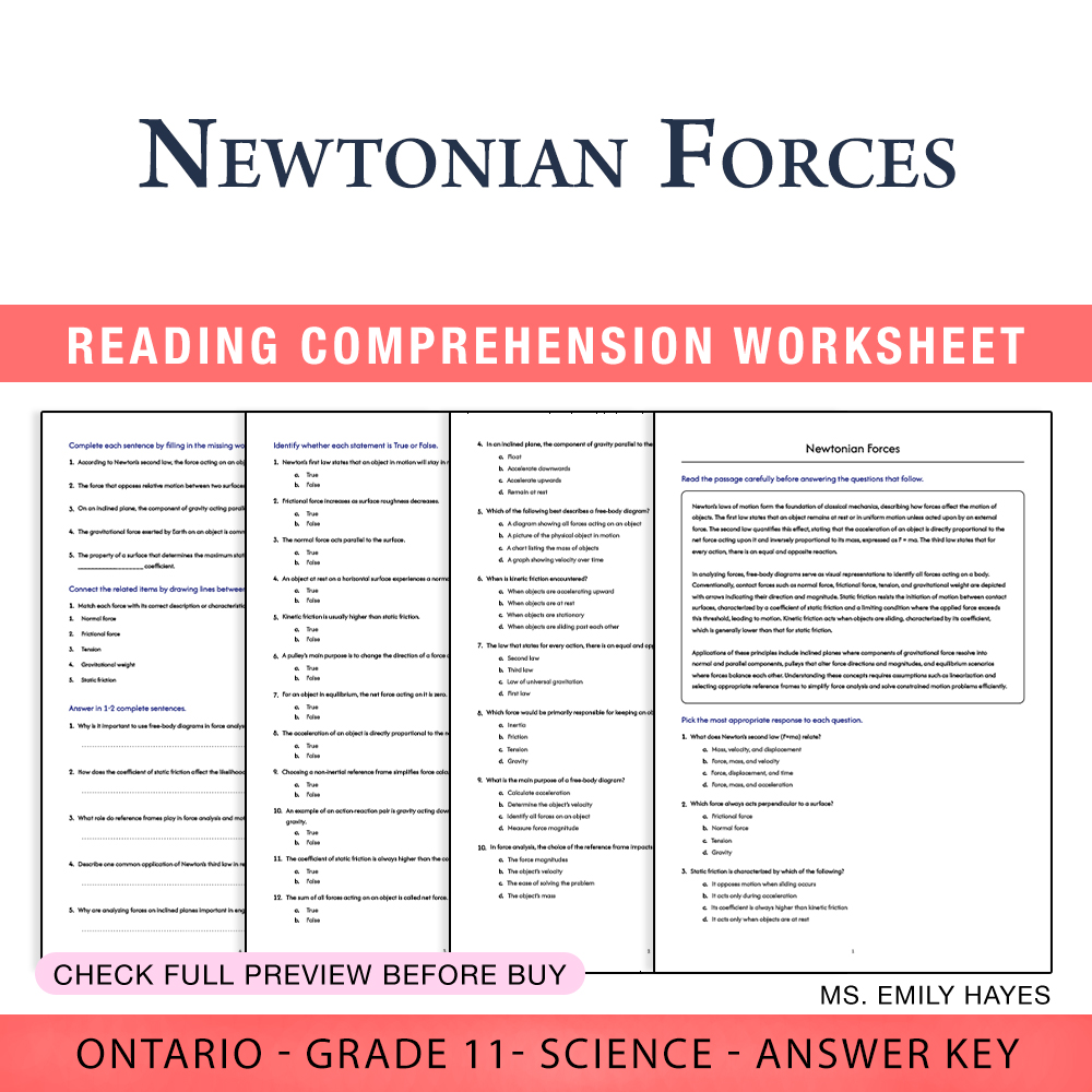 Grade 11 Science worksheet worksheet — 11th Grade Science | Newtonian Forces Worksheet (PDF + Answer Key) — page 1