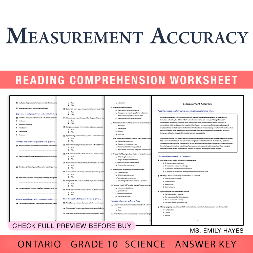 Grade 10 Science worksheet worksheet — Grade 10 Science | Measurement Accuracy Worksheet (PDF + Answer Key) — page 1