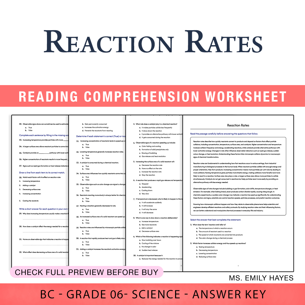 Grade 6 Science worksheet worksheet — Grade 6 Science | Reaction Rates Worksheet (PDF+ Answer Key) — page 1