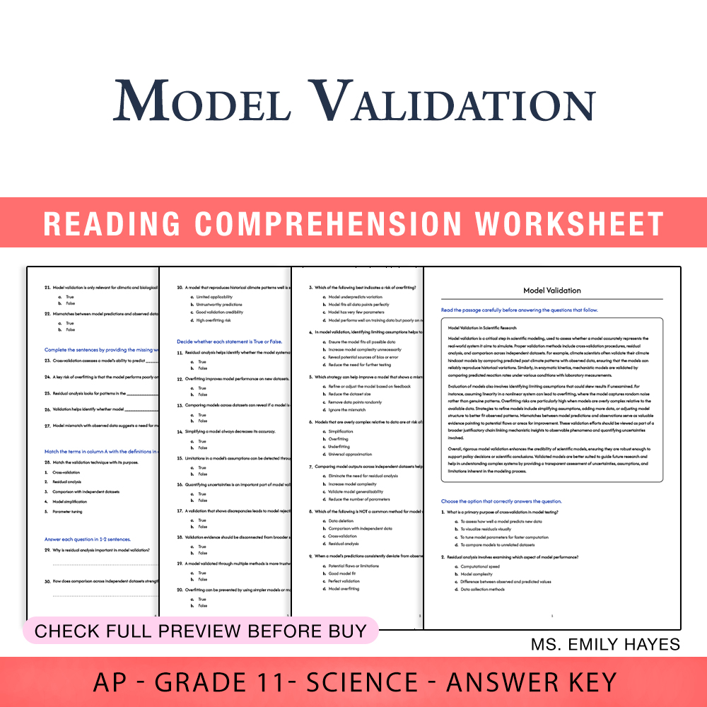 Grade 11 Science worksheet assessment worksheet — 11th Grade Science | Model Validation Worksheet (PDF+ Answer Key) — page 1