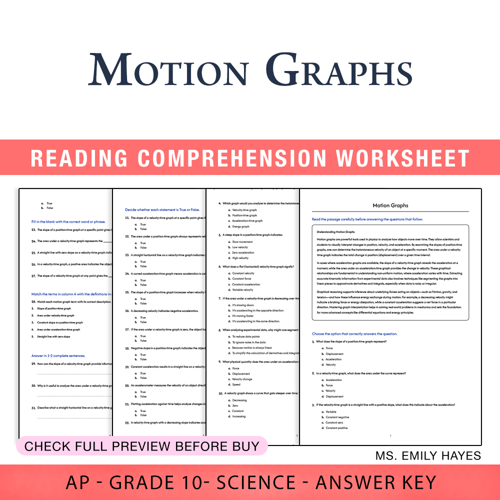 Grade 10 Science worksheet worksheet — 10th Grade Science | Motion Graphs Worksheet (PDF+ Answer Key) — page 1