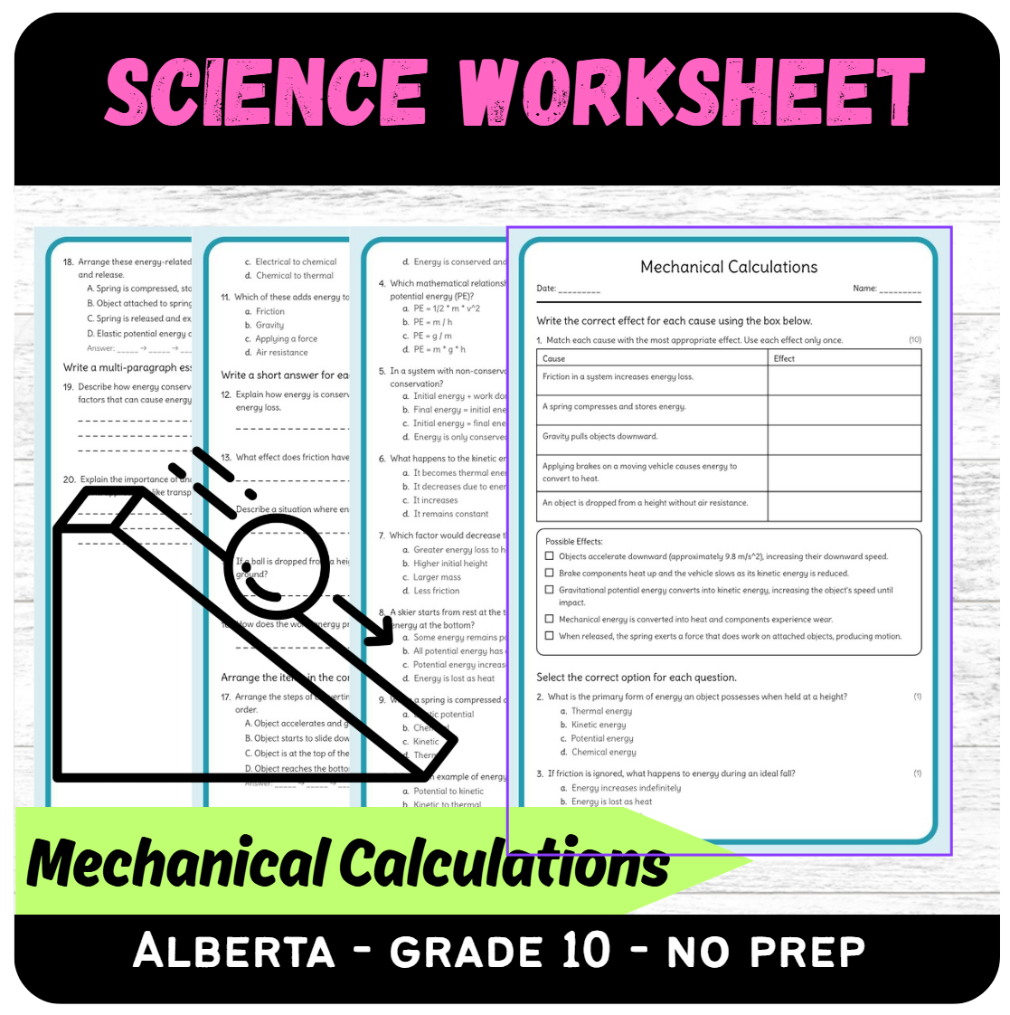 Grade 10 Science – Mechanical Calculations Worksheet (PDF) – Alberta Standards