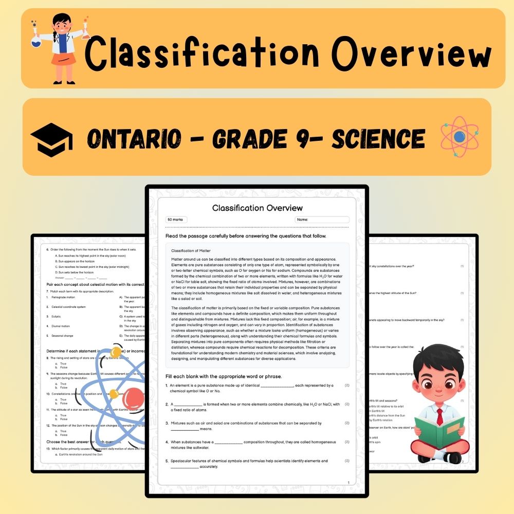 Grade 9 Science worksheet worksheet — Grade 9 Science | Classification Overview Worksheet (PDF) – Ontario Standards — page 1