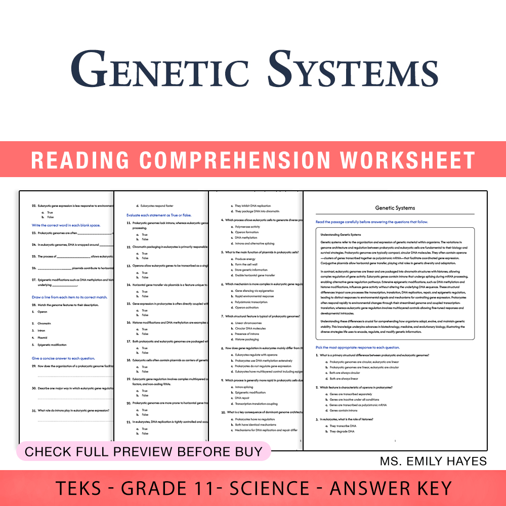 Grade 11 Science worksheet worksheet — 11th Grade Science | Genetic Systems Worksheet (PDF+ Answer Key) — page 1