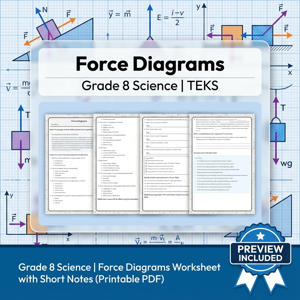 Grade 8 Science | Force Diagrams Worksheet with Short Notes (Printable PDF)